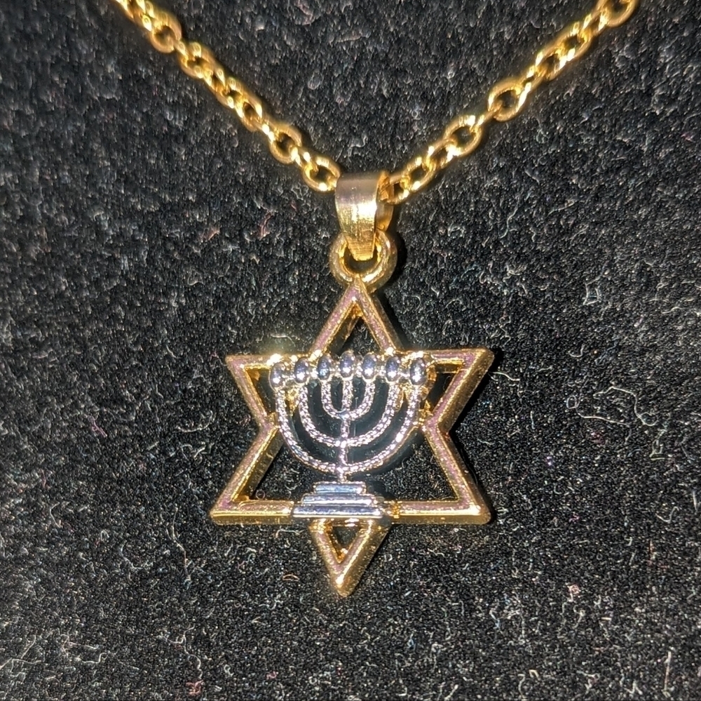 Necklace--Silvery 7 Branch Menorah over Golden Star of David